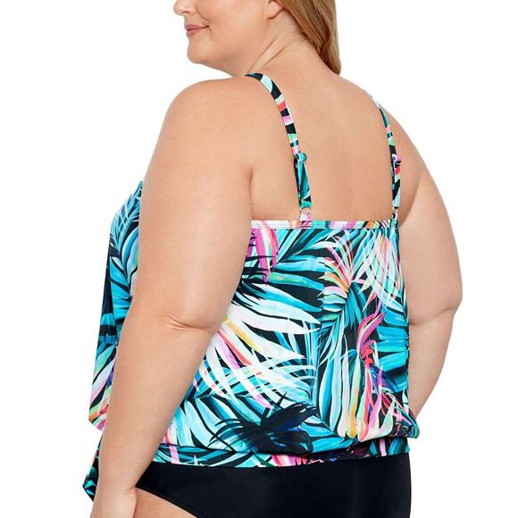 Swim Solutions Plus Size High Neck Tie-Waist Tankini Fiesta Fronds NWT US 20W - Picture 3 of 11